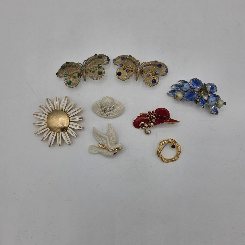 Lot Of 8 Vintage Brooches Avon Lenox Flower Butterfly Hats Dove